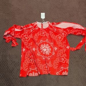 NWT Vibrant Red Floral Cold Shoulder Women's Blouse
